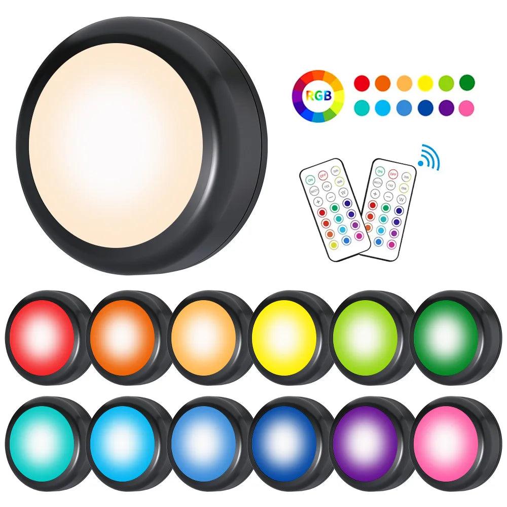 13-Color Battery Powered Under Cabinet LED Puck Lights - Remote Contro ...