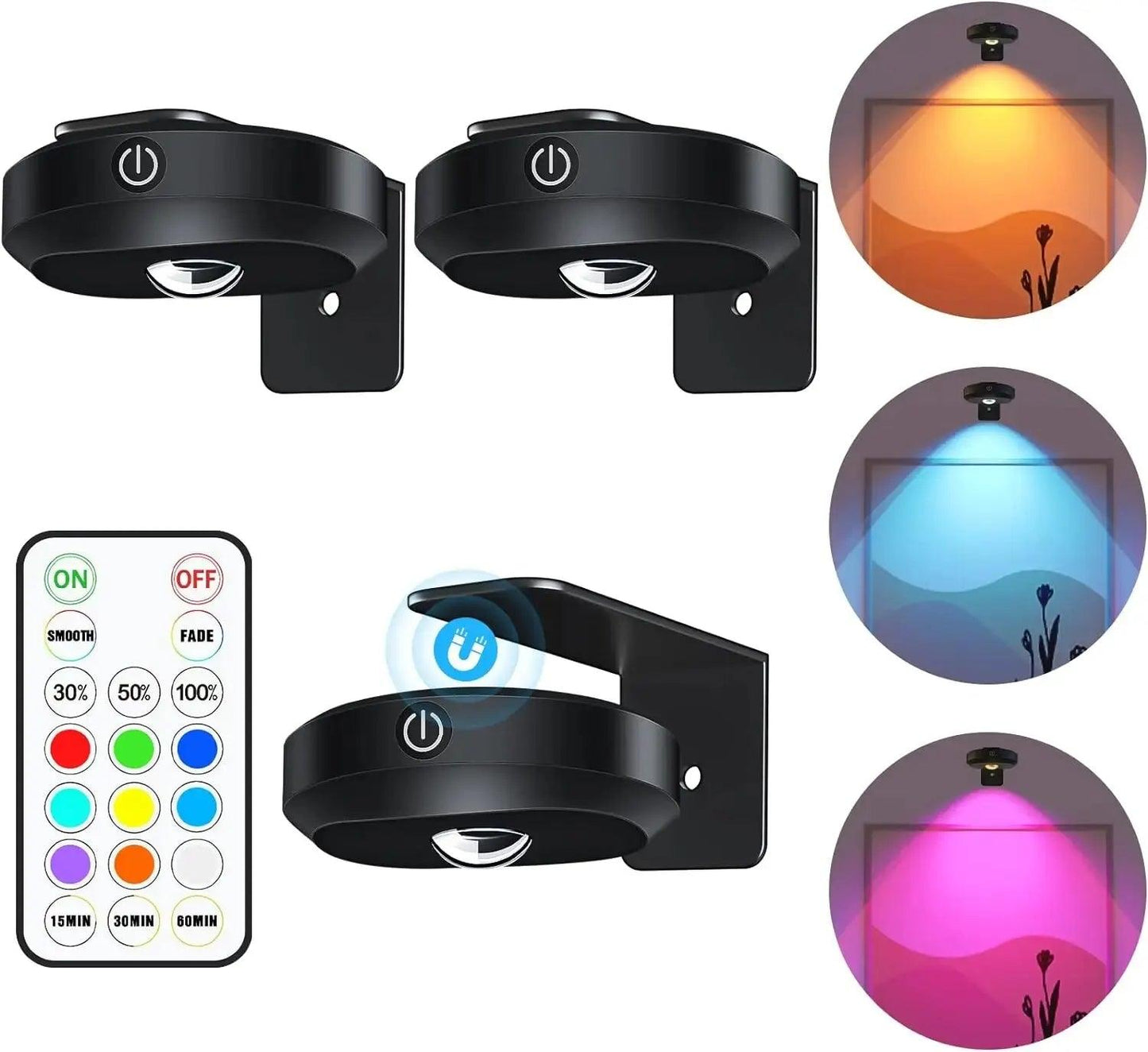 3pcs Black RGB Battery Operated Under Cabinet LED Puck Lights with Remote - Lumaz