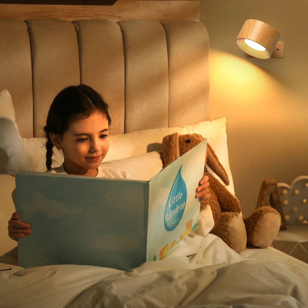 Wood-Body Battery Operated Touch LED Wall Light – 3 Brightness Levels, 360° Rotatable