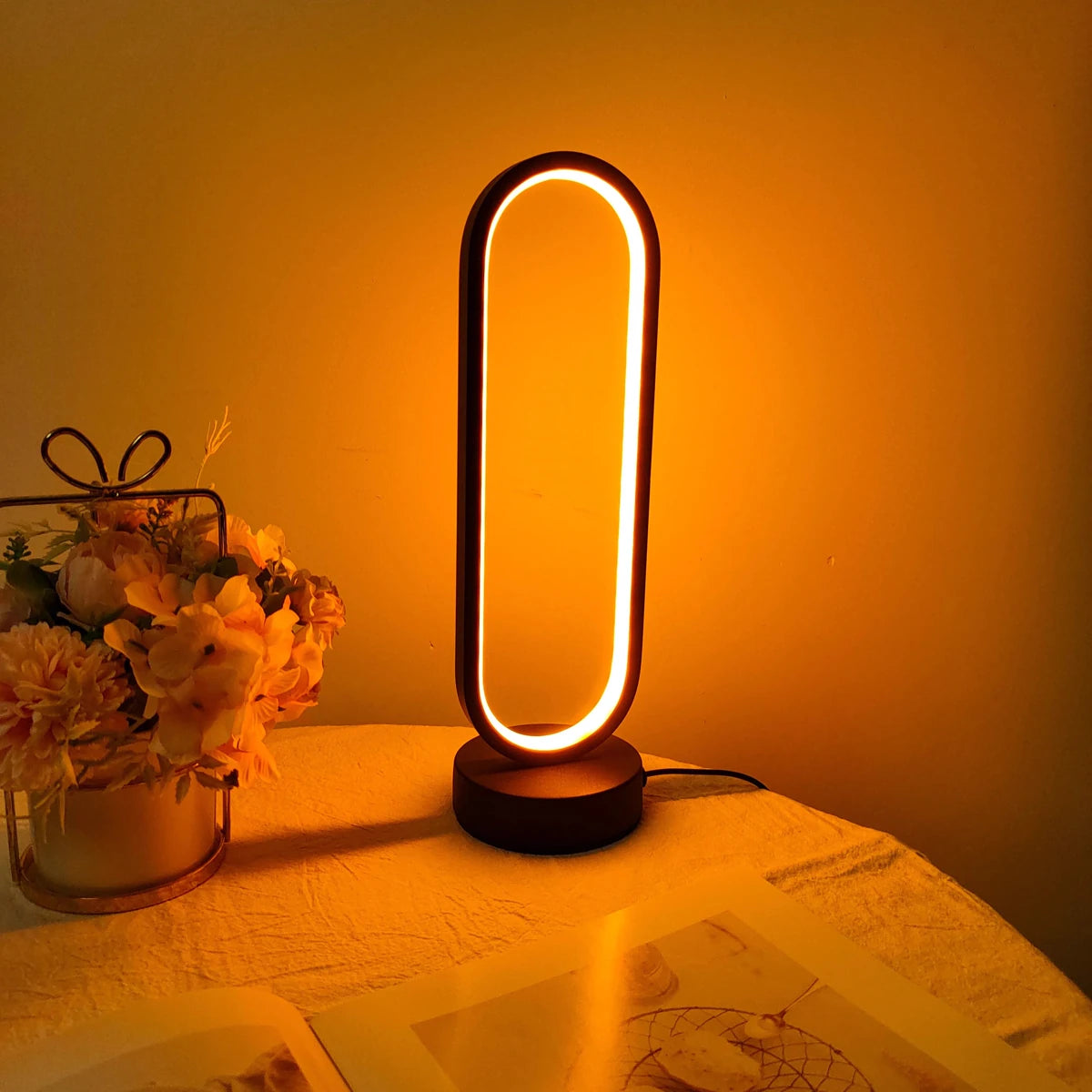 LED Ring Table Lamp USB Powered Three-color Dimming Bedroom Night Light