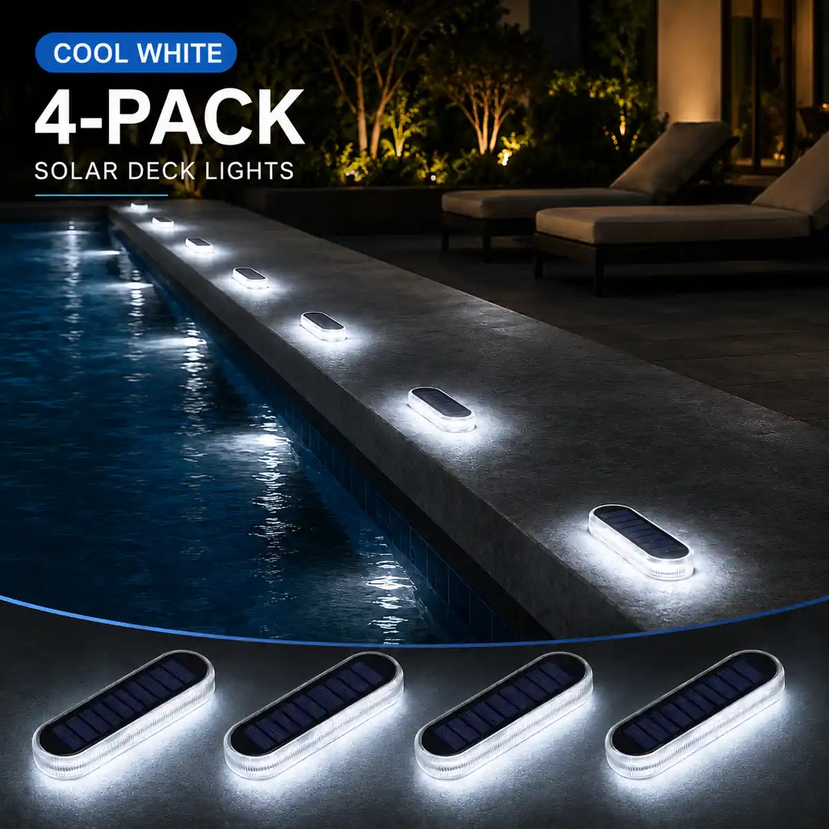 4-Pack Linear Solar LED Deck Lights - Stick-On Step Lights, IP68 Waterproof, Auto On/Off
