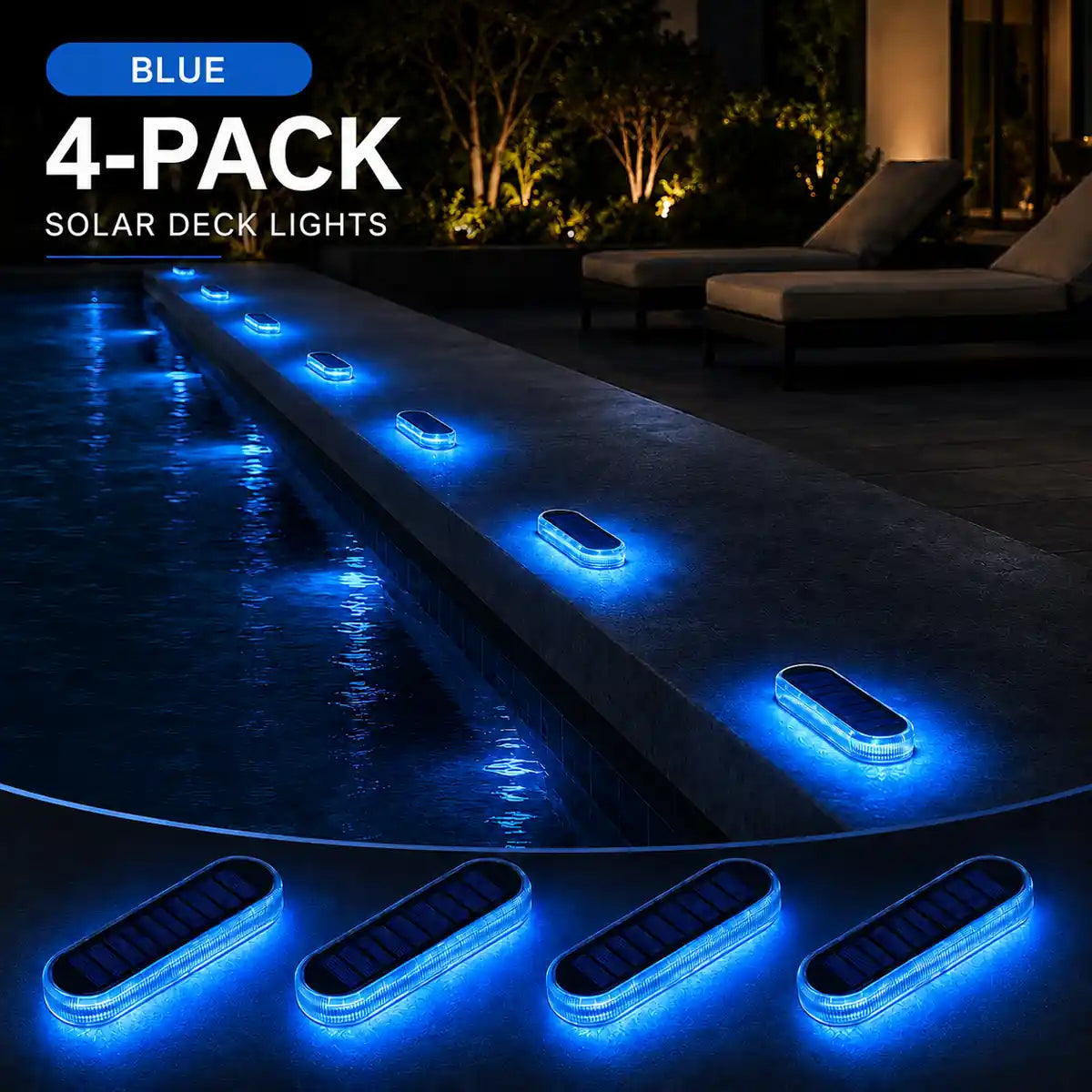 4-Pack Linear Solar LED Deck Lights - Stick-On Step Lights, IP68 Waterproof, Auto On/Off