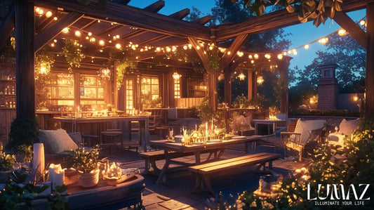 LUmaz A serene backyard at twilight featuring elegant string lights.webp
