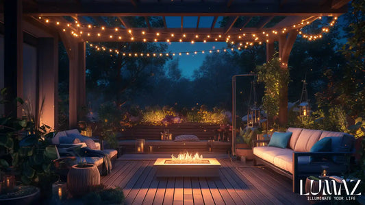 Lumaz A cozy outdoor patio with cold-toned string lights