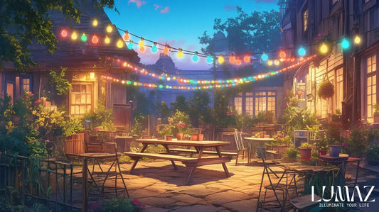 Lumaz A vibrant backyard at twilight featuring colorful string lights
