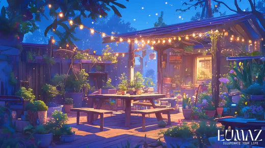Lumaz A vibrant backyard at twilight featuring colorful string lights