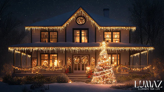 Lumaz Christmas Eave Lights A cozy two-story house at night decorate