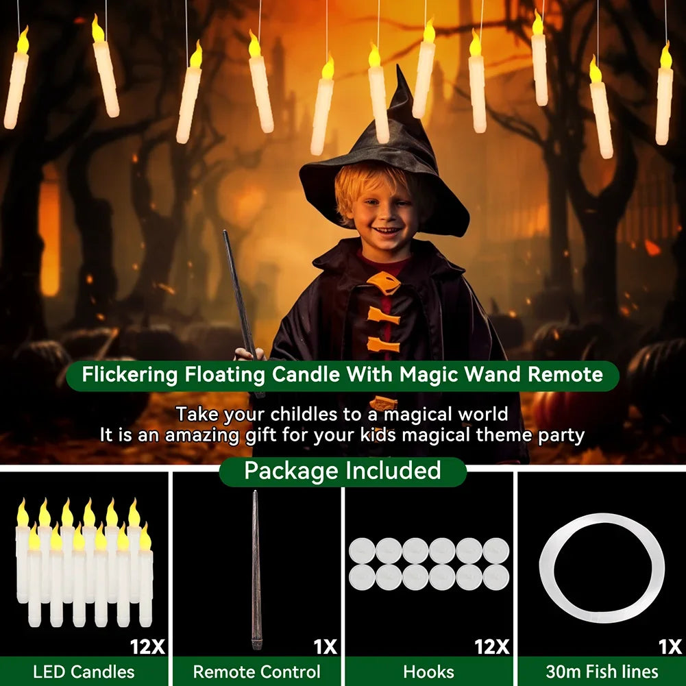 12/24pcs Flameless Floating Candles With Wand Halloween Decoration Hanging Candles - Lumaz