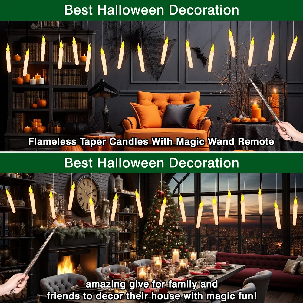 12/24pcs Flameless Floating Candles With Wand Halloween Decoration Hanging Candles - Lumaz