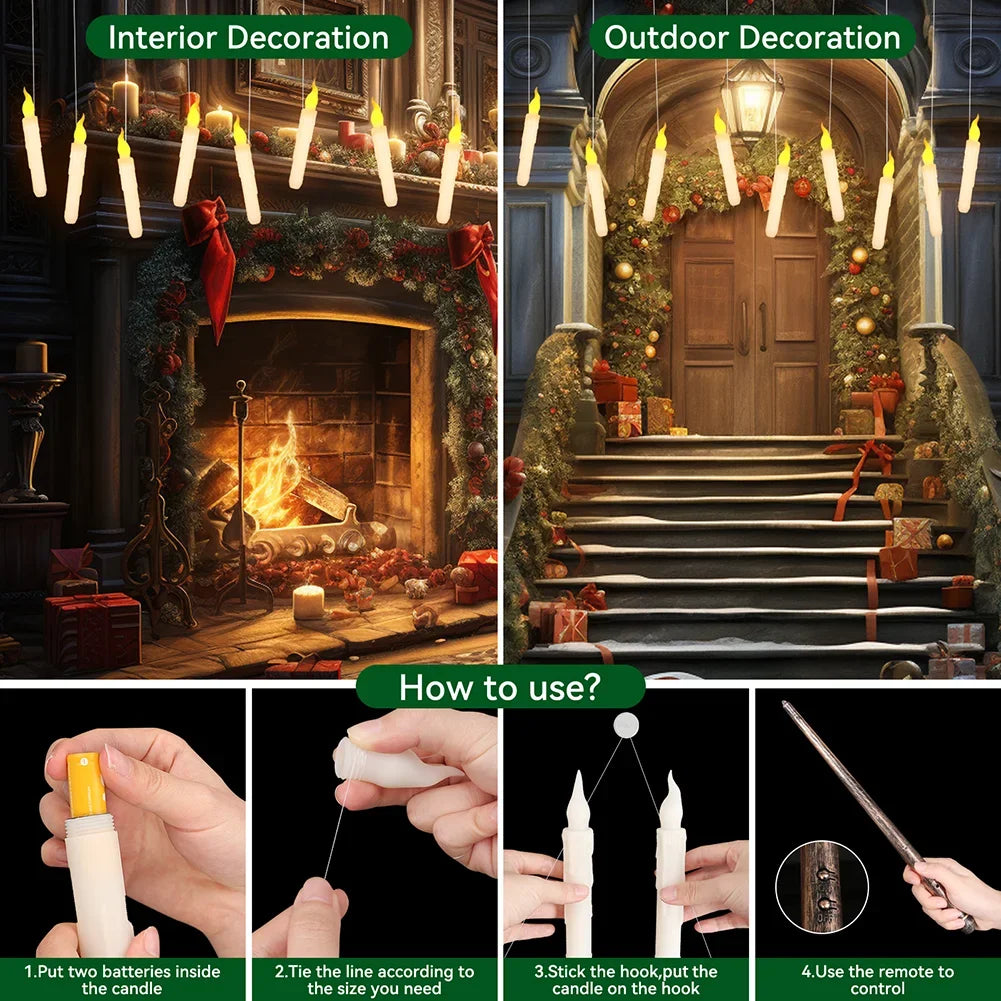 12/24pcs Flameless Floating Candles With Wand Halloween Decoration Hanging Candles - Lumaz