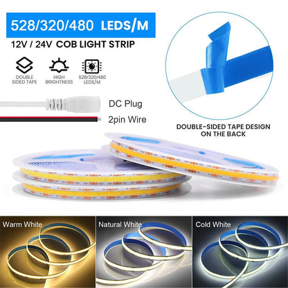 12V COB LED Strip Light With 8mm PCB 320480528 LEDs Flex Tape High Density Linear Lighting - Lumaz