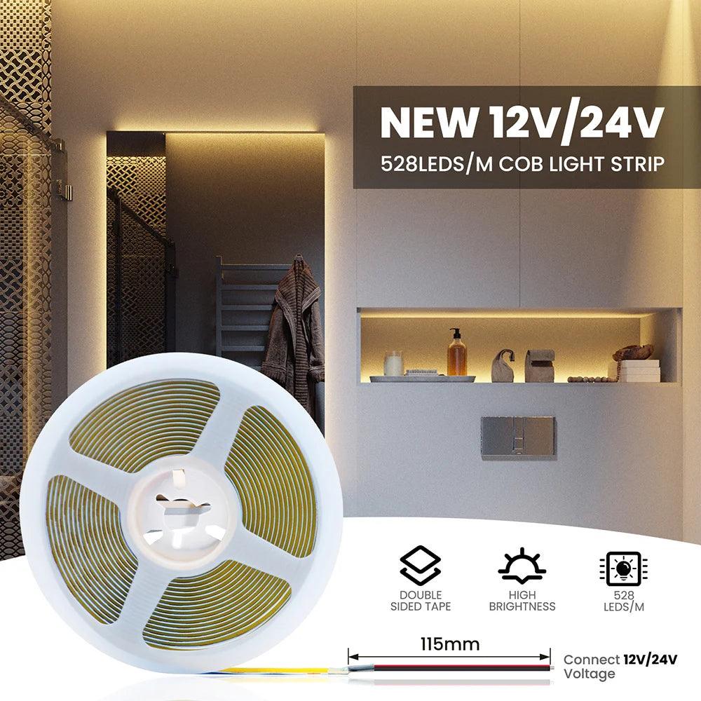 12V COB LED Strip Light With 8mm PCB 320480528 LEDs Flex Tape High Density Linear Lighting - Lumaz