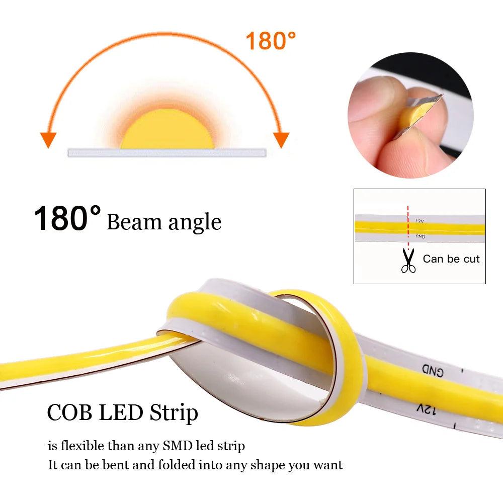 12V COB LED Strip Light With 8mm PCB 320480528 LEDs Flex Tape High Density Linear Lighting - Lumaz