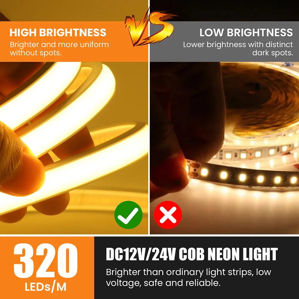 12V IP68 Waterproof COB Neon LED Strip Lights With 320LEDs High Density Liner Lighting - Lumaz