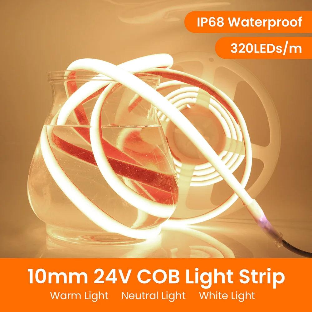 12V IP68 Waterproof COB Neon LED Strip Lights With DC Plug 320LEDs Lighting RA90 Flexible Silicone Tube Tape Light - Lumaz