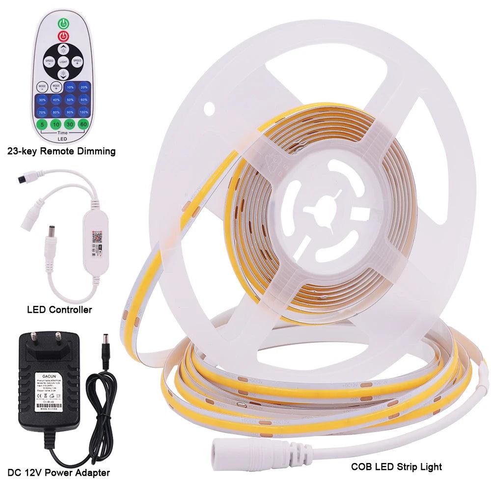 12V Tuya Wifi Remote Control Dimmable COB LED Strip Lights With 320384528 LEDs Power Kit - Lumaz