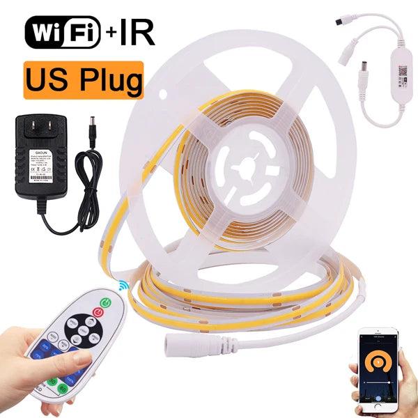 12V Tuya Wifi Remote Control Dimmable COB LED Strip Lights With 320/384/528 LEDs, Power Kit - Lumaz