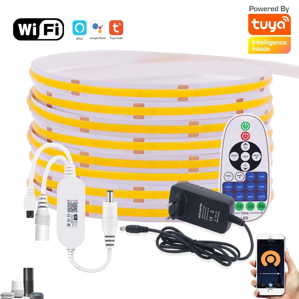 12V Tuya Wifi Remote Control Dimmable COB LED Strip Lights With 320/384/528 LEDs, Power Kit - Lumaz