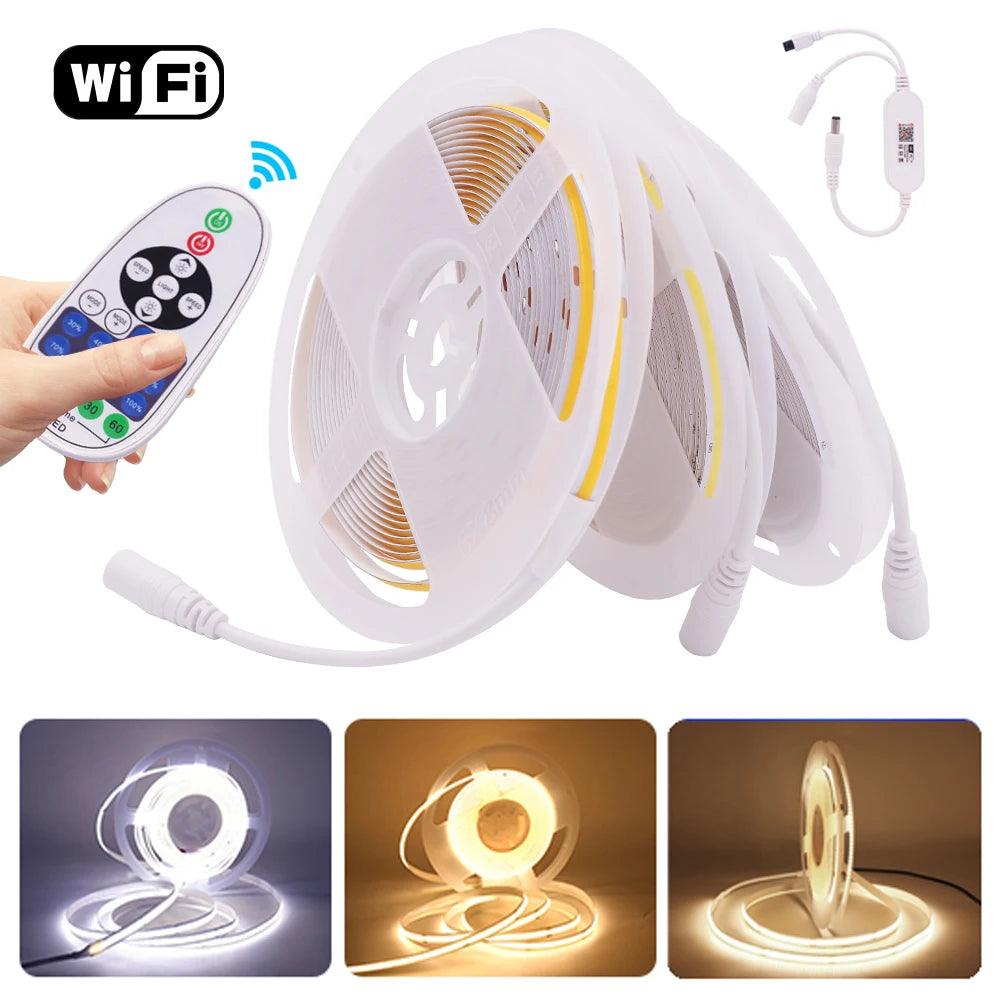 12V Tuya Wifi Remote Control Dimmable COB LED Strip Lights With 320/384/528 LEDs, Power Kit - Lumaz