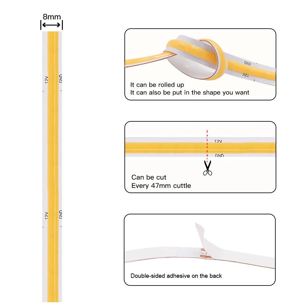 12V Tuya Wifi Remote Control Dimmable COB LED Strip Lights With 320384528 LEDs Power Kit - Lumaz