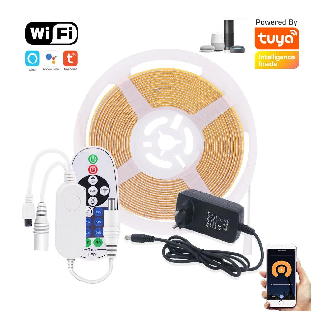 12V Tuya Wifi Remote Control Dimmable COB LED Strip Lights With 320384528 LEDs Power Kit - Lumaz