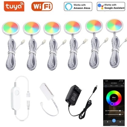 12V Tuya WIFI RGB Under Cabinet LED Puck Lights with Dimmable Remote Control