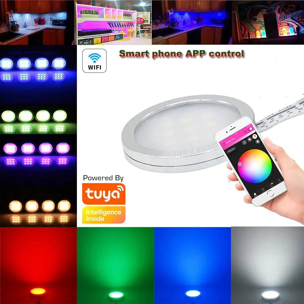 12V Tuya WIFI RGB Under Cabinet LED Puck Lights with Dimmable Remote Control