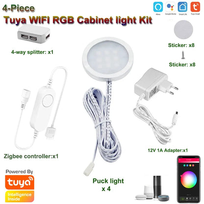 12V Tuya WIFI RGB Under Cabinet LED Puck Lights with Dimmable Remote Control