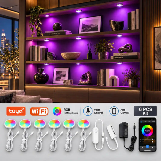 Tuya WiFi RGB Under Cabinet LED Puck Lights - 12V, App & Voice Control, Dimmable