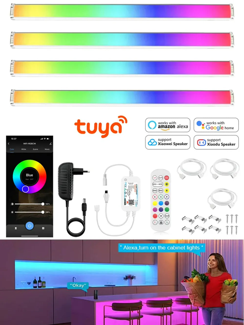 12V Tuya Wifi Smart 5050 Under Cabinet LED Light Bar with APP Voice Control RGB Dimmable