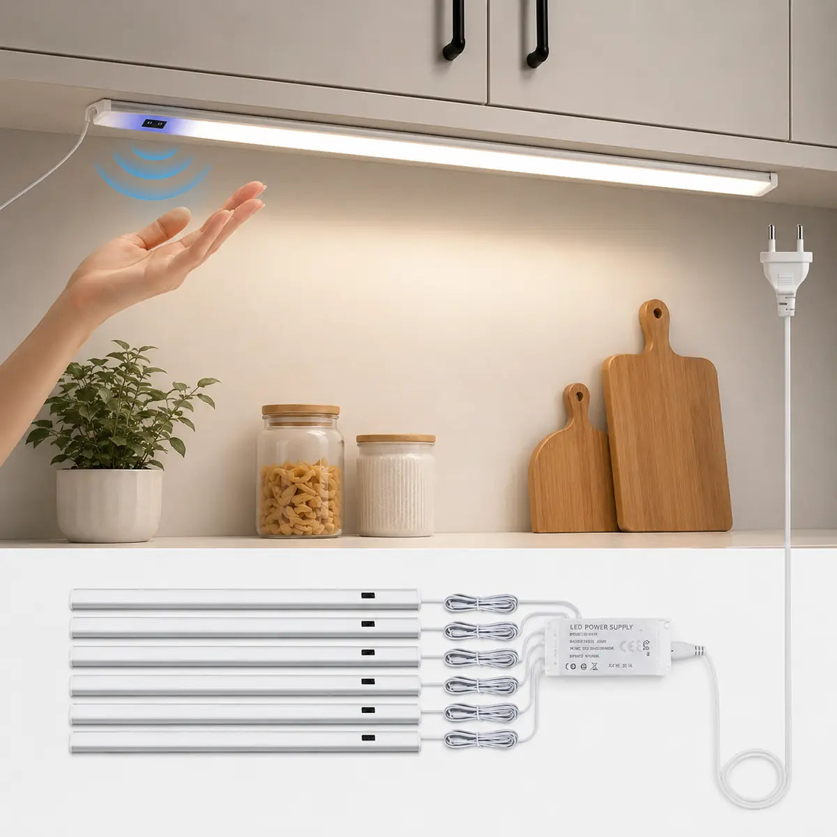 Kit de barre lumineuse LED 12 V sous armoire avec capteur de mouvement gestuel - Aluminium