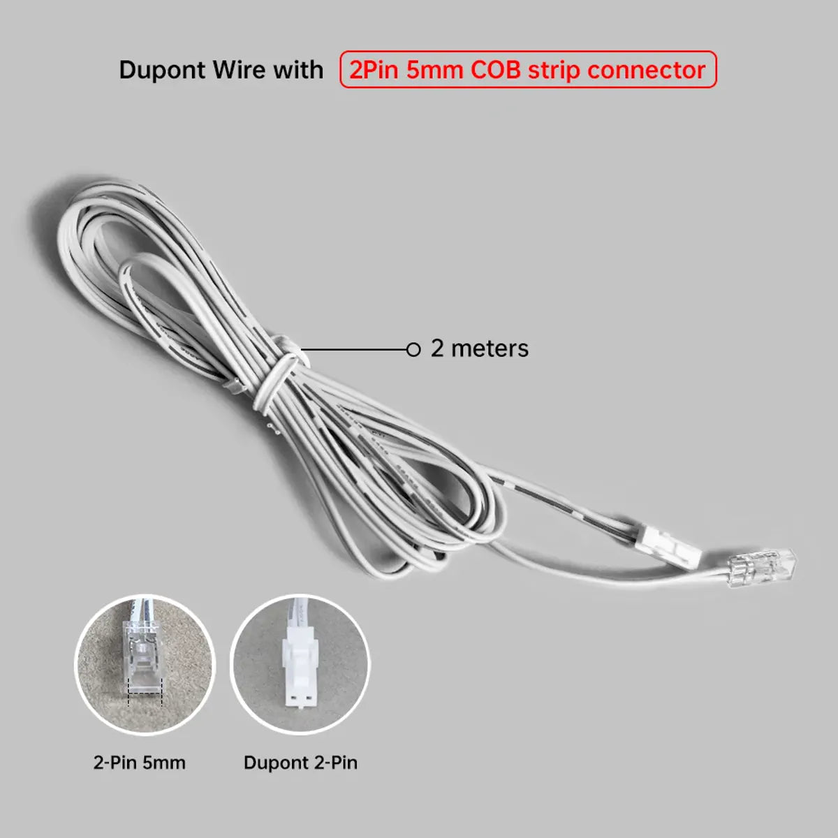 2-Pin COB LED Strip Connector Leads - 2m Cable, 5/8/10mm or Dupont Ends