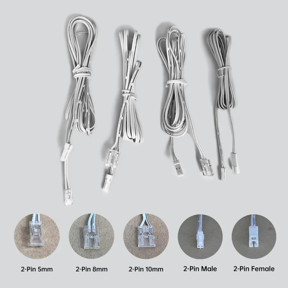 Connector options for 5 mm, 8 mm and 10 mm COB strips and Dupont ends