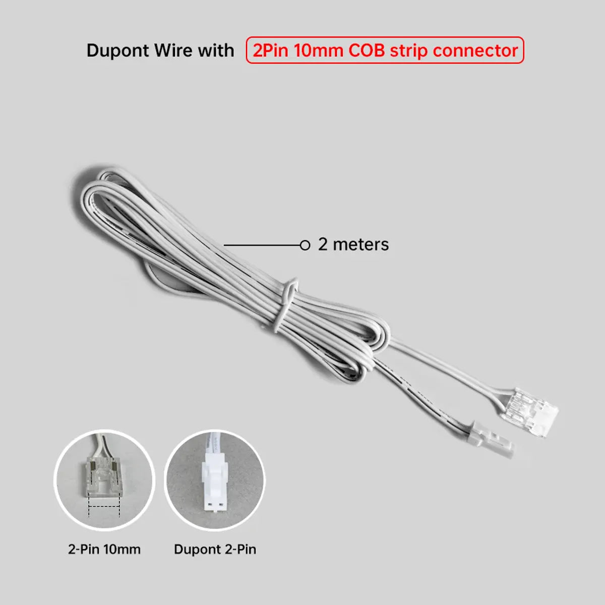 2-Pin COB LED Strip Connector Leads - 2m Cable, 5/8/10mm or Dupont Ends