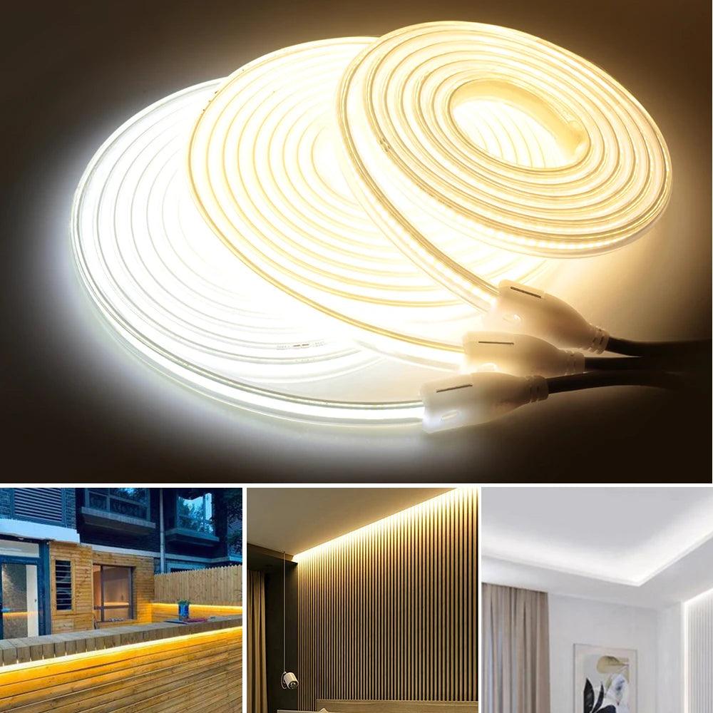 220V IP67 Waterproof COB Led Strip Light With Switch Power Plug, 360LEDs - Lumaz