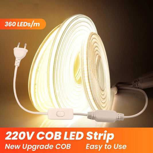 220V IP67 Waterproof COB Led Strip Light With Switch Power Plug 360LEDs - Lumaz