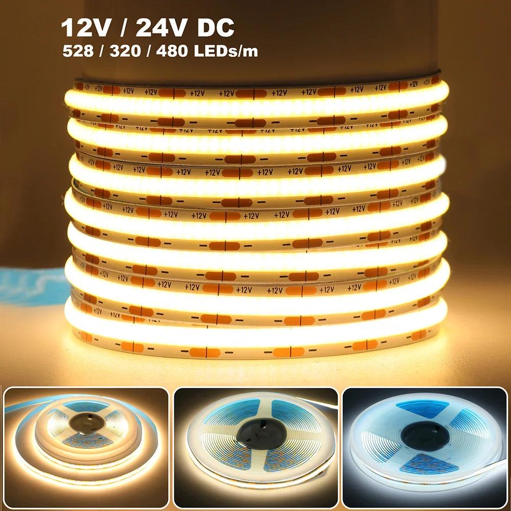 24V High Density COB LED Strip Light provides powerful lighting with its high LED density and three adjustable color temperatures allows you to tailor the lighting to suit the mood or task.