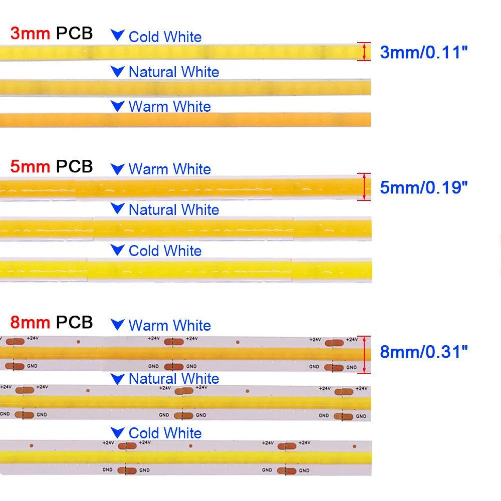 24V COB LED Strip Lights With 480/528 LEDs Flexible Tape 3mm/5mm/8mm PCB - Lumaz