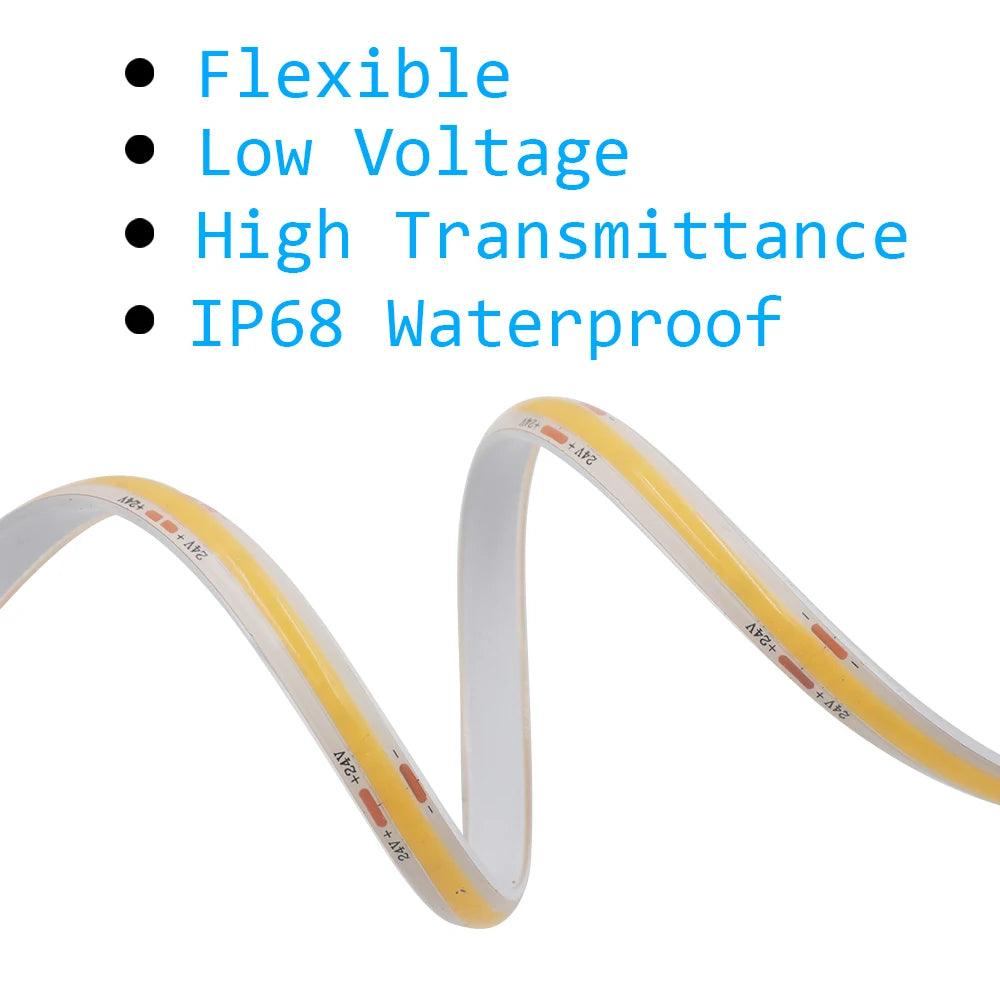 24V IP30IP68 Waterproof COB LED Strip Lights With 320 LEDs Flexible Tape Lights - Lumaz