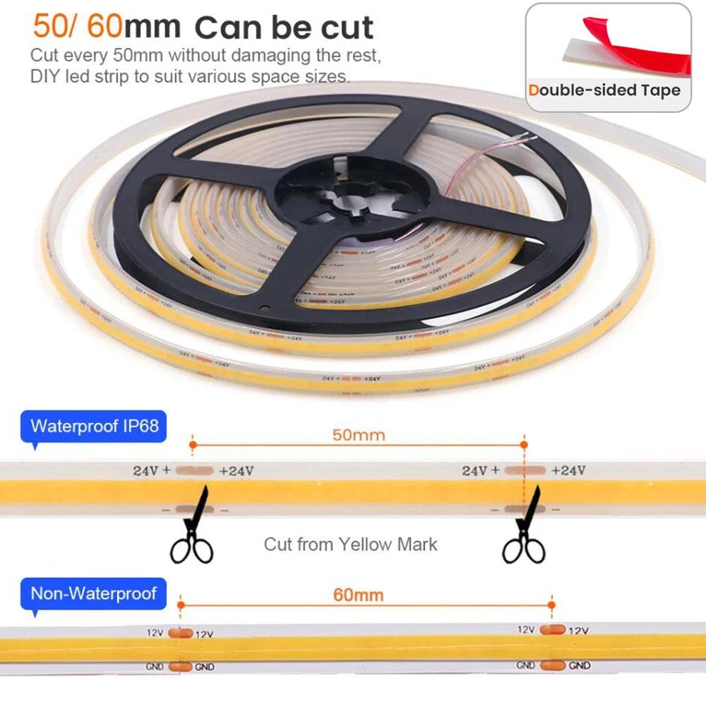 24V IP30/IP68 Waterproof COB LED Strip Lights With 320 LEDs Flexible Tape Lights - Lumaz