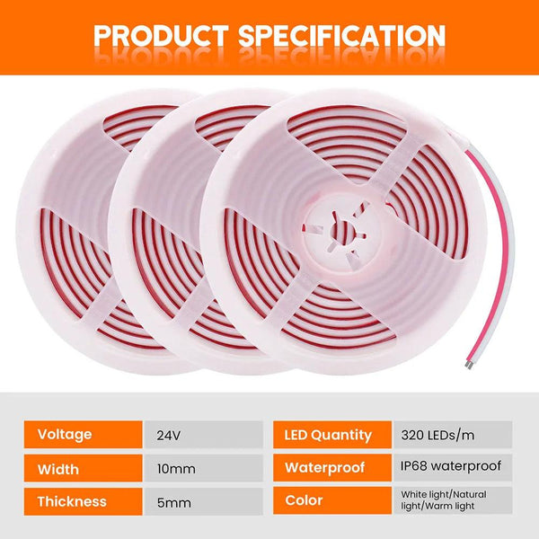 24V IP68 Wasserdichte COB-LED-Streifen, flexibles Band, 320 LEDs, helle Linienbeleuchtung, RA90 - Lumaz