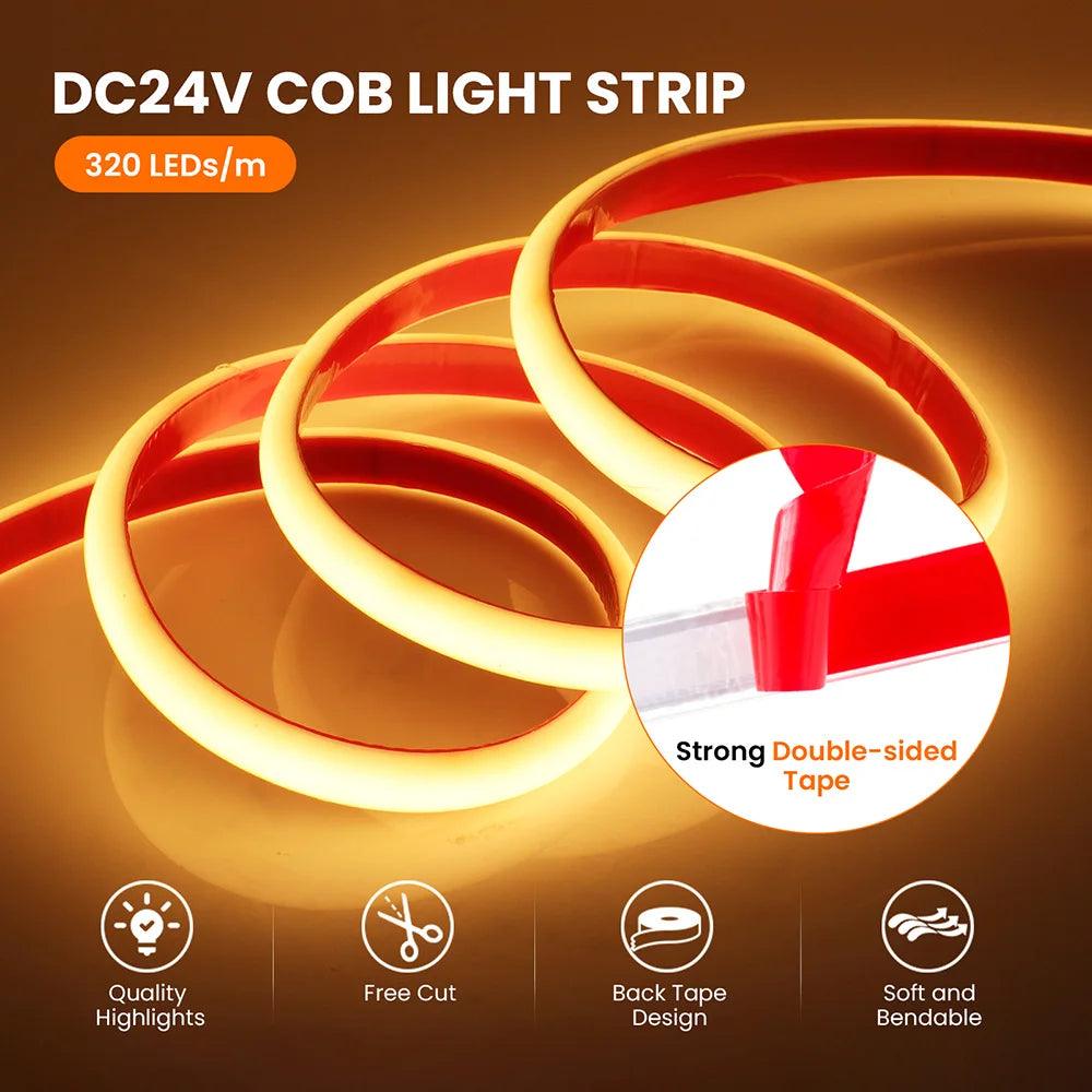 24V IP68 Waterproof COB Neon LED Strip Lights With DC Plug 320LEDs Lighting RA90 Flexible Silicone Tube Tape Light - Lumaz