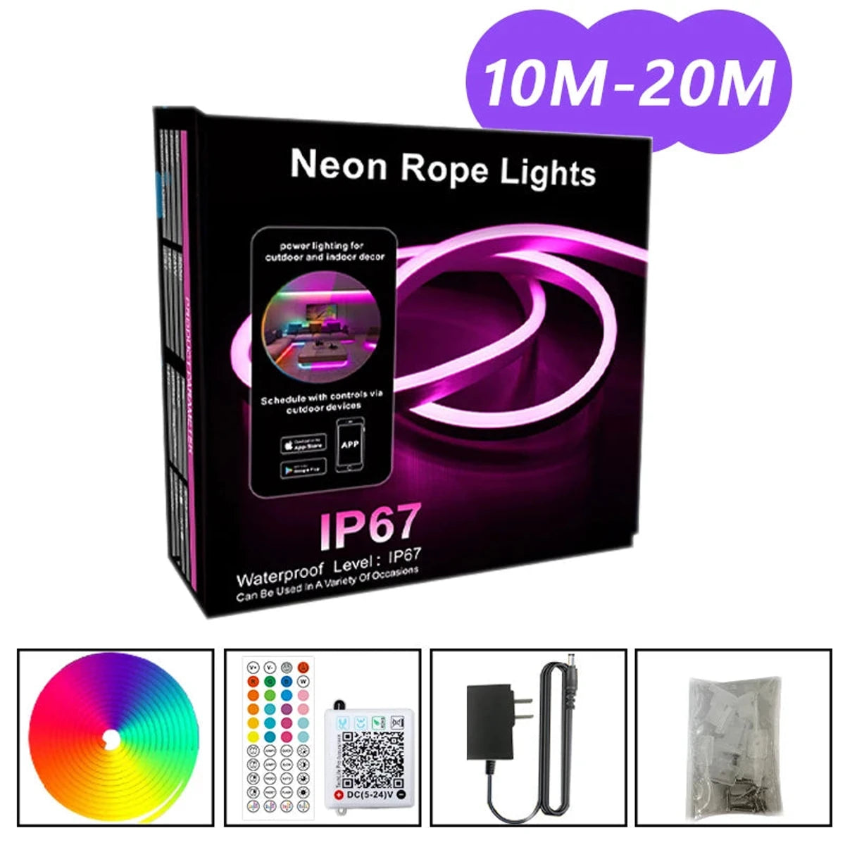 DC 24V RGB Neon Rope LED Strip Light - App Control, Music Sync, Waterp ...