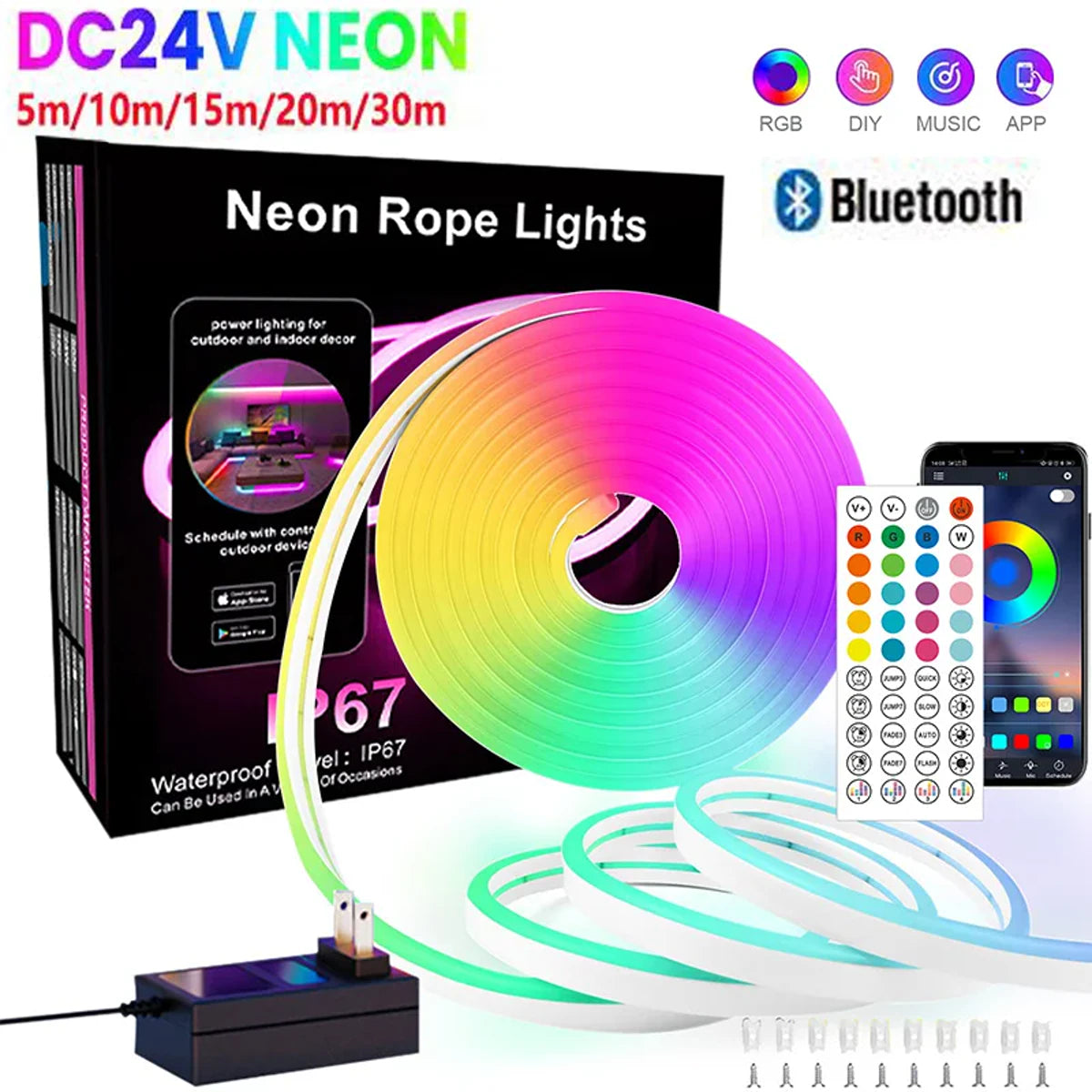 DC 24V RGB Neon Rope LED Strip Light - App Control, Music Sync, Waterp ...