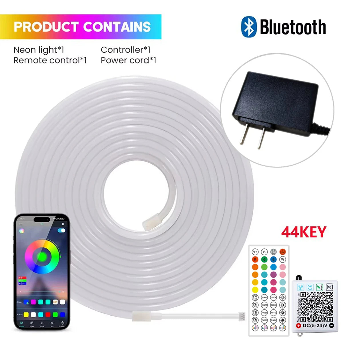 DC 24V RGB Neon Rope LED Strip Light - App Control, Music Sync, Waterp ...