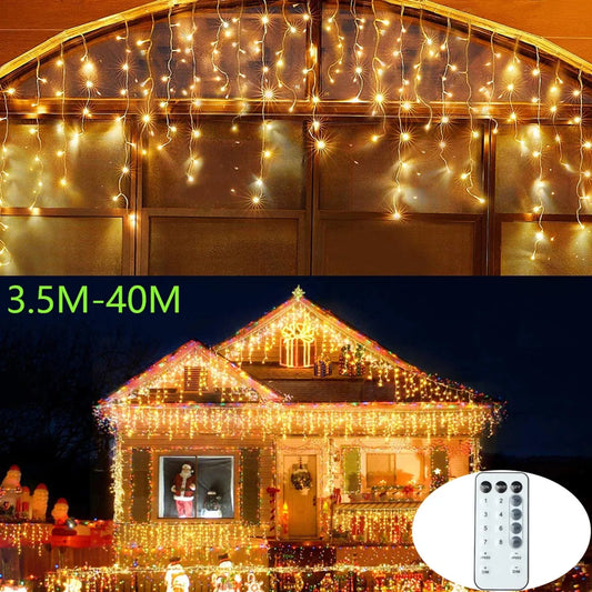 3.5M-40M 8 Mode LED Curtain Icicle Lights Outdoor Christmas Lights Decor