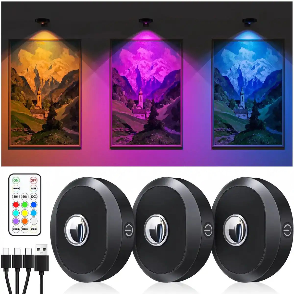 Rechargeable RGB Under Cabinet LED Puck Lights - Remote & Touch Control, Black Housing