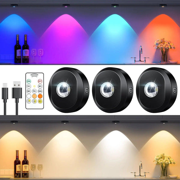 3pcs Black RGB Battery Operated Under Cabinet LED Puck Lights with Remote - Lumaz