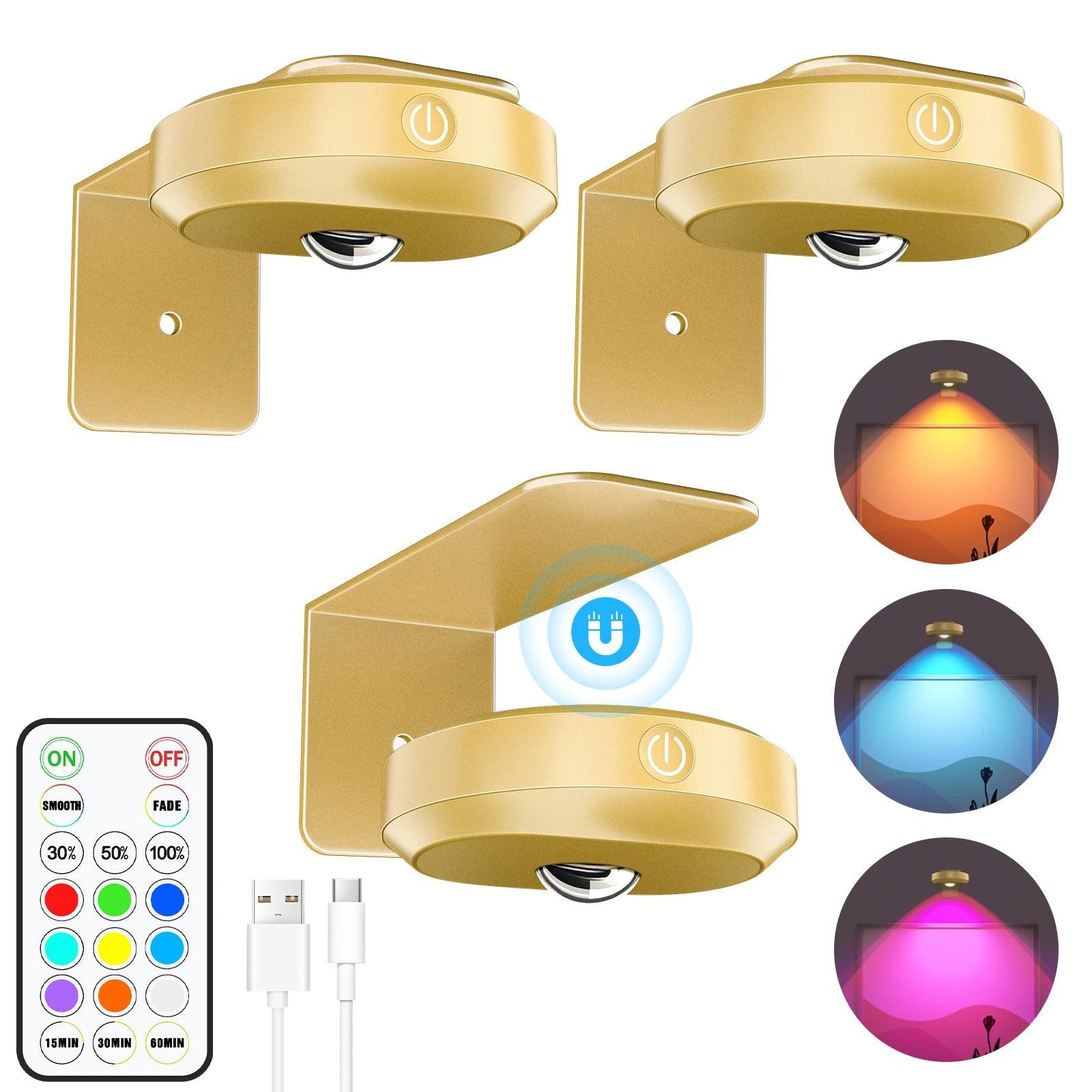 3pcs Golden RGB Battery Operated Under Cabinet LED Puck Lights with Remote - Lumaz