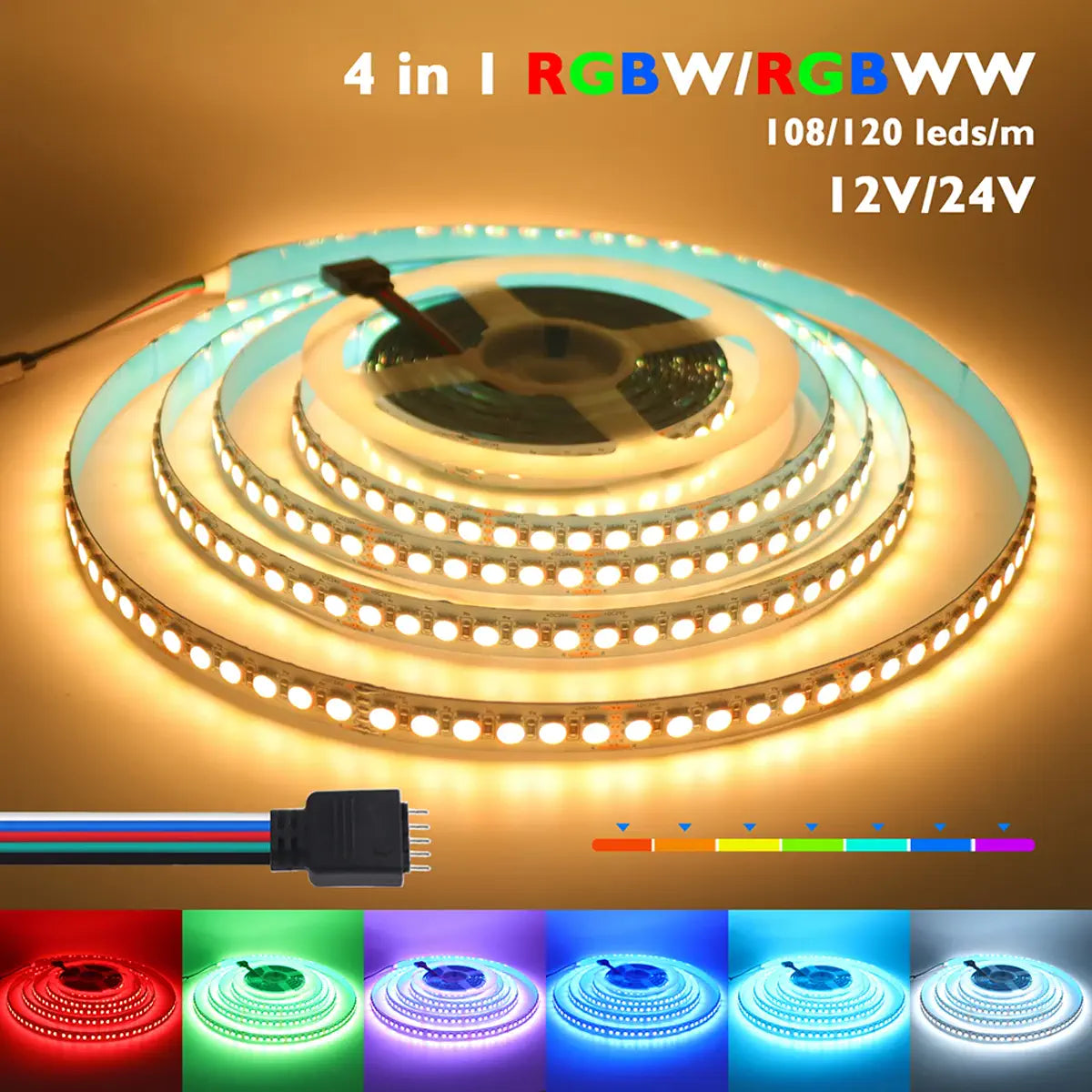 High-density RGBWW LED strip producing warm white light